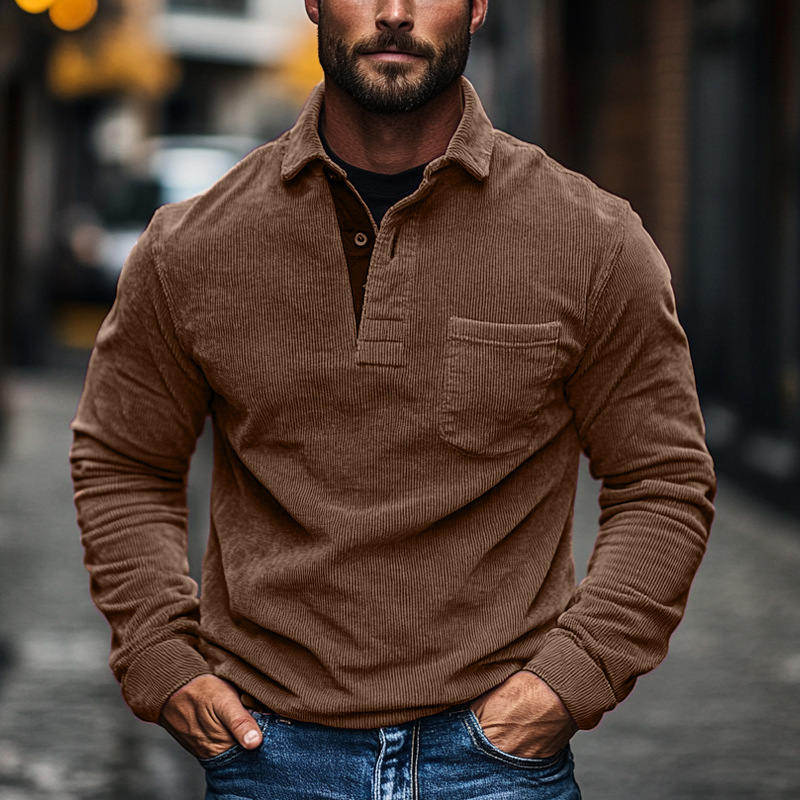 Los músculos locos otoño y invierno nuevos hombres retro bolsillo de botón de terciopelo de color sólido casual de manga larga polo para hombres