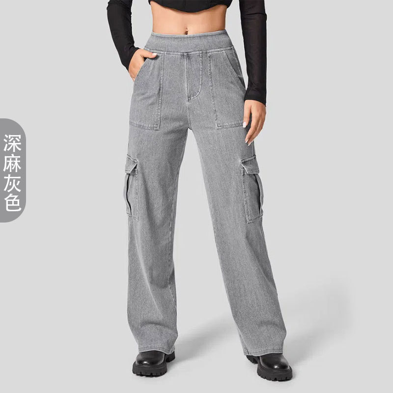 Europa y los Estados Unidos transfronterizos nuevos pantalones denim de color grande para mujeres para aumentar el peso de los bolsillos de los pantalones de trabajo deportivos casuales