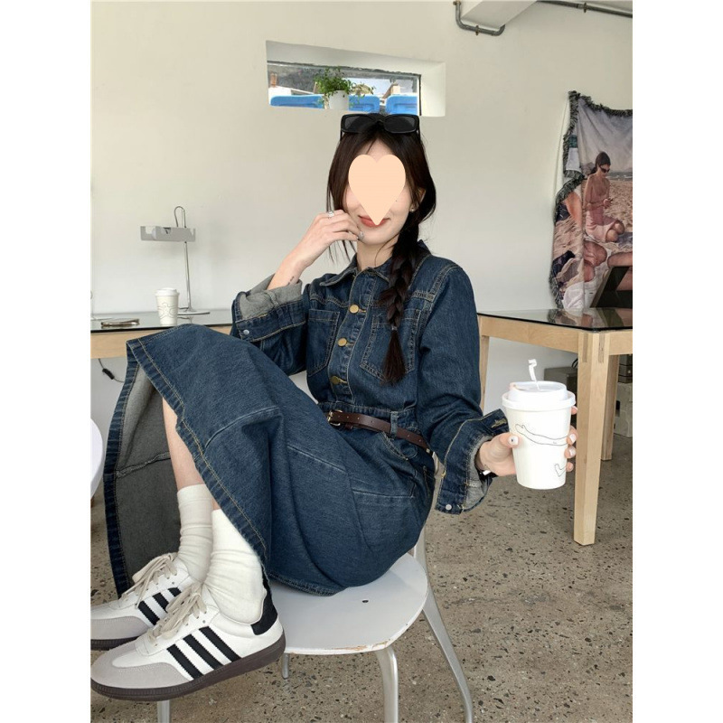 收腰显瘦长袖牛仔连衣裙女春秋2025新款韩系风复古气质中长款裙子|undefined