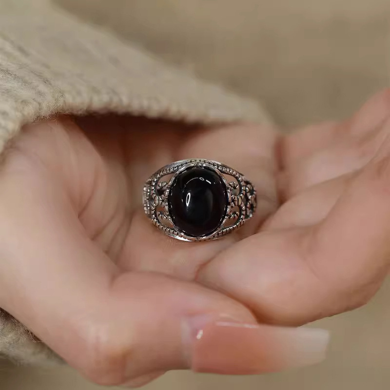 Meska s925 Hollow Obsidian Ring Men's Carved Cross Pattern Imitation Oval Tide Ring Imitation Black Jade Ring