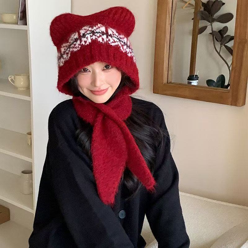 韩版可爱小羊毛绒帽子女秋冬季保暖绑带针织护耳帽百搭套头雷锋帽|undefined