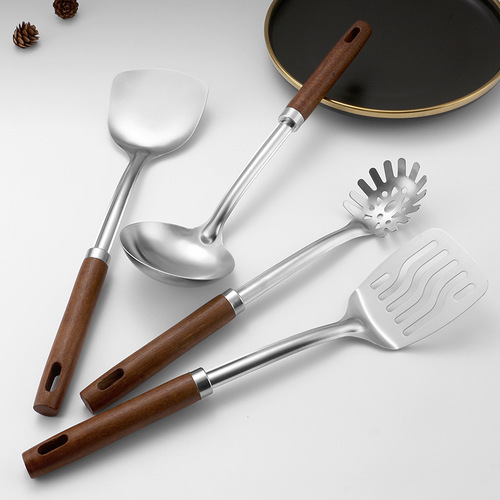 Stainless steel thickened non-magnetic solid wood handle kitchen cooking spatula for frying pans, cooking spoons, soup spoons, and hot pot spoons