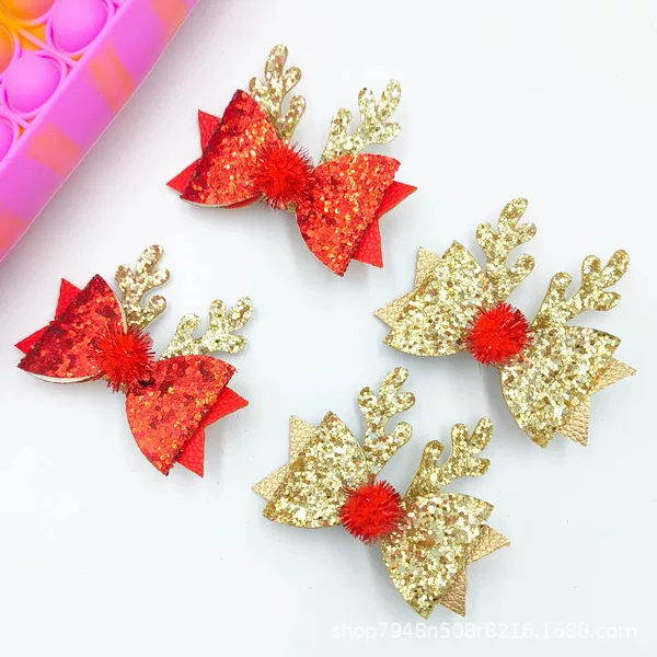 Cross-border Christmas Reindeer Leather Sequin Bow Hair Clip for Children, Christmas Hair Accessories