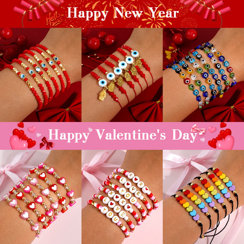Valentine's Day Gift Handmade Soft Clay Beaded Bracelet European and American Holiday Style Red Rope Woven Jewelry Cross-Border Source in Stock Valentine's Day Gift Handmade Soft Clay Beaded Bracelet European and American Holiday Style Red Rope Woven Jewelry Cross-Border Source in Stock