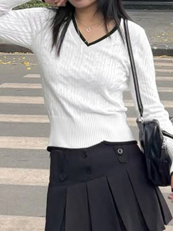 甜美清新风修身显瘦学院风毛衣少女风v领套头纯色时尚长袖上衣|undefined