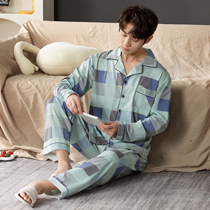 Pijamas de algodón de los hombres de primavera y verano Pantalones delgados de manga corta cardigan niños pueden usar fuera más tamaño homewear de verano