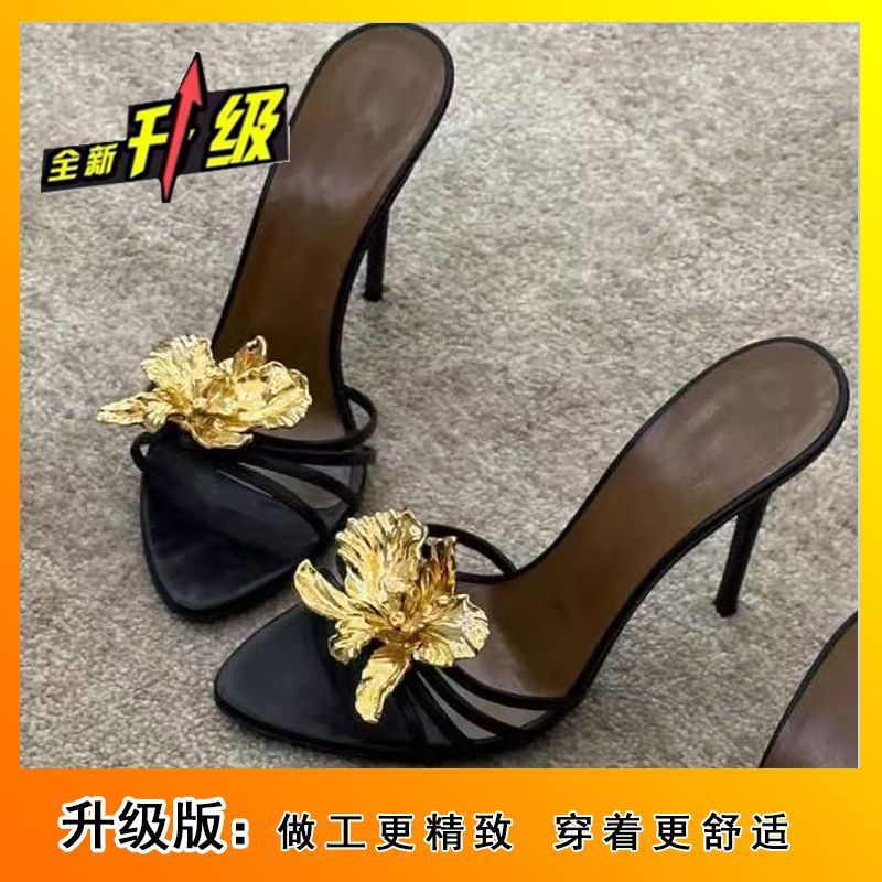 メタルフラワー美しいサンダル、スティレットハイヒール、黒サンダル、オープントゥスリッパ、女性用アウターウェア、2025夏の新スタイル|undefined