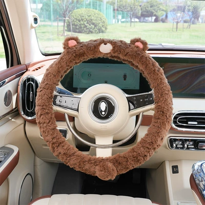 Car Steering Wheel Cover Winter Plush Warm Cartoon New Style Protective Handlebar Cover Cute Non-Slip Universal Female Handlebar Cover (Steering wheel cover) - rabbit-fur-frosted-bear-handle-cover-dark-coffee-round-38cm