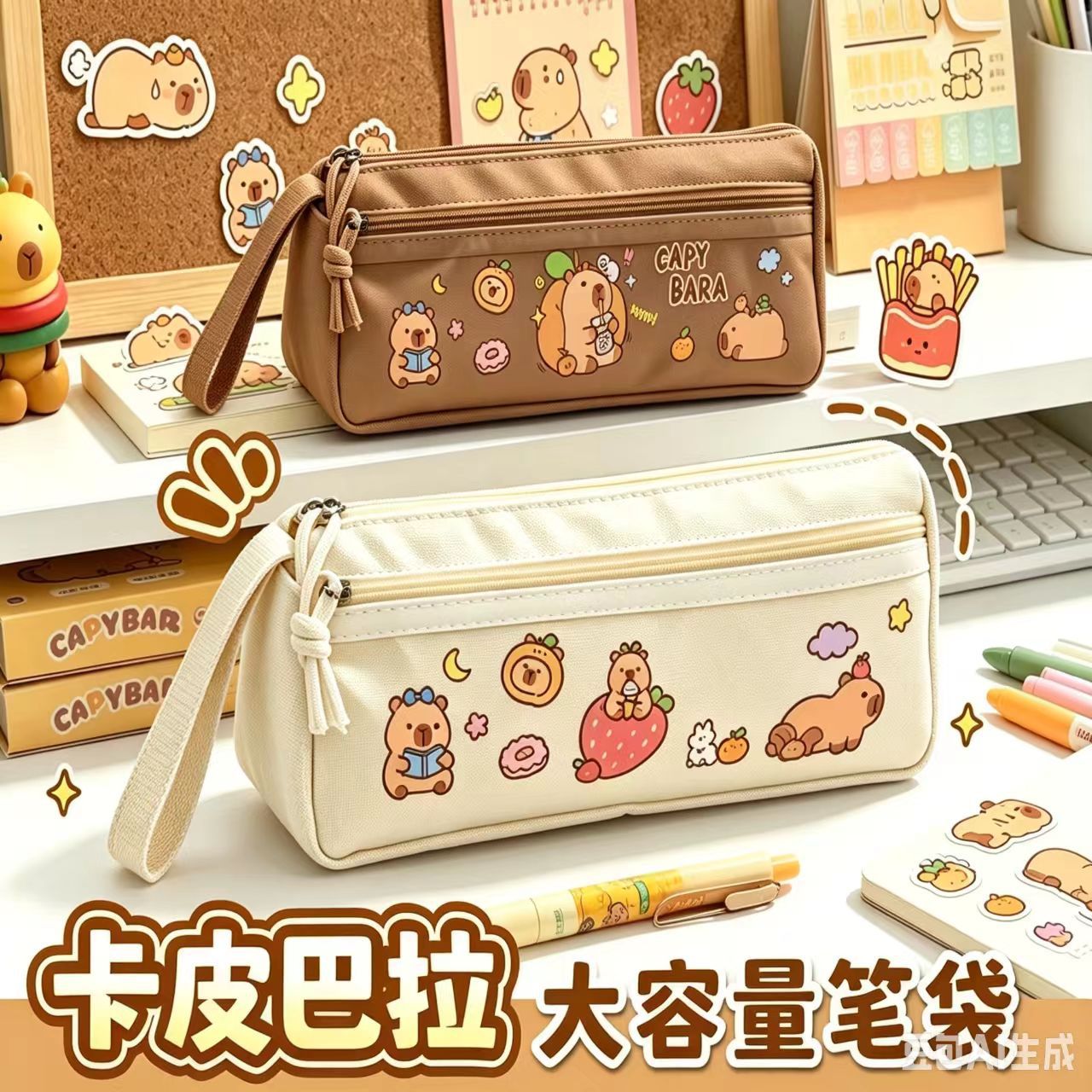 Large-Capacity Triangular Pencil Case, Student Stationery Box, High-Value Kapibala Cute Cartoon Pencil Case