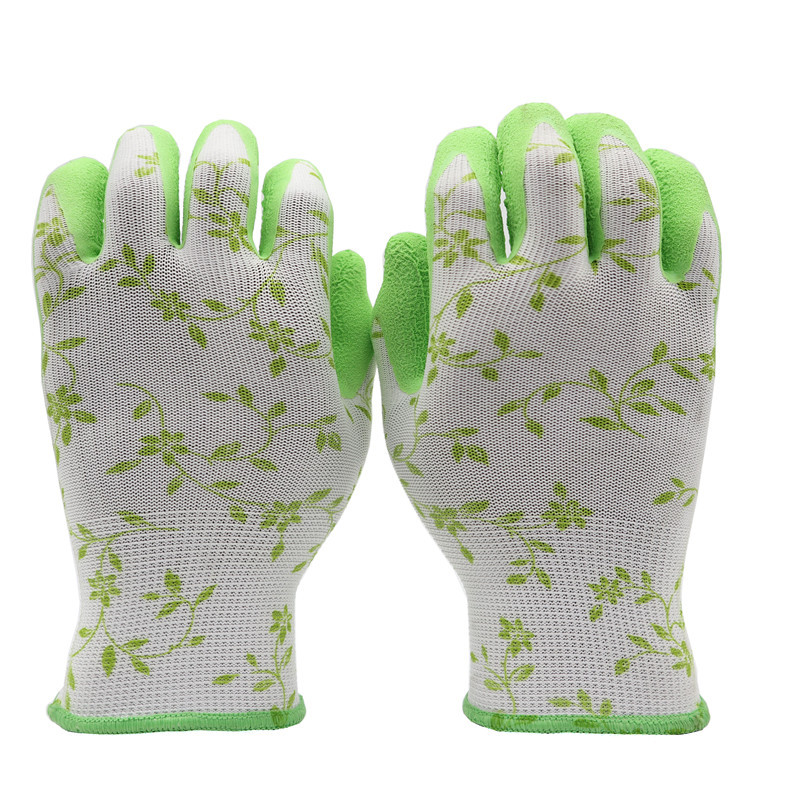 13针印花手套浸乳胶起皱发泡花园女士工作手套