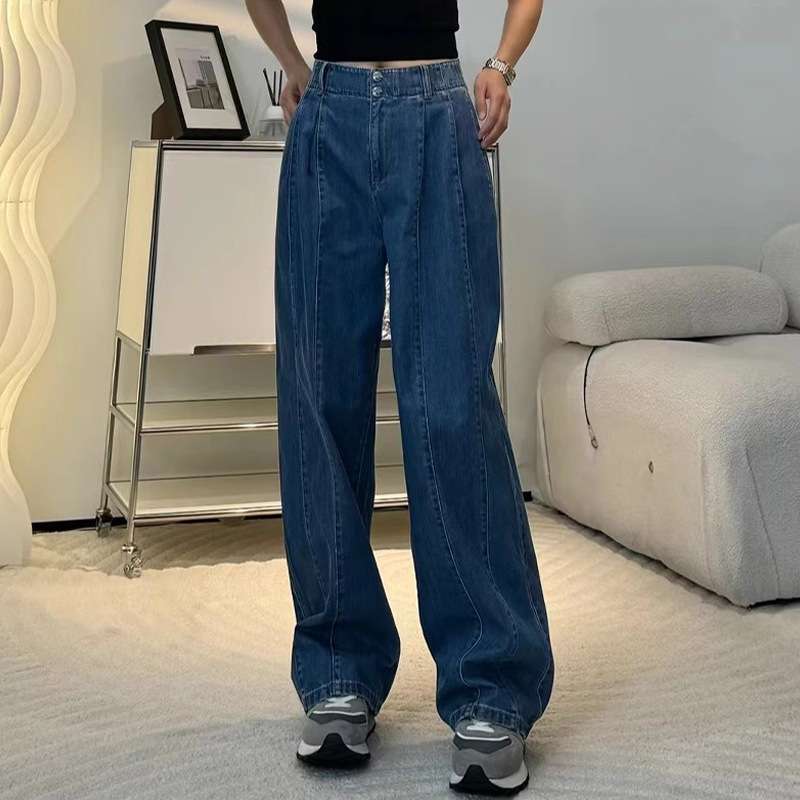 Quần jean nữ ống rộng cạp cao dáng chuối xếp ly denim dễ phối — Màu xanh lam chi tiết 1