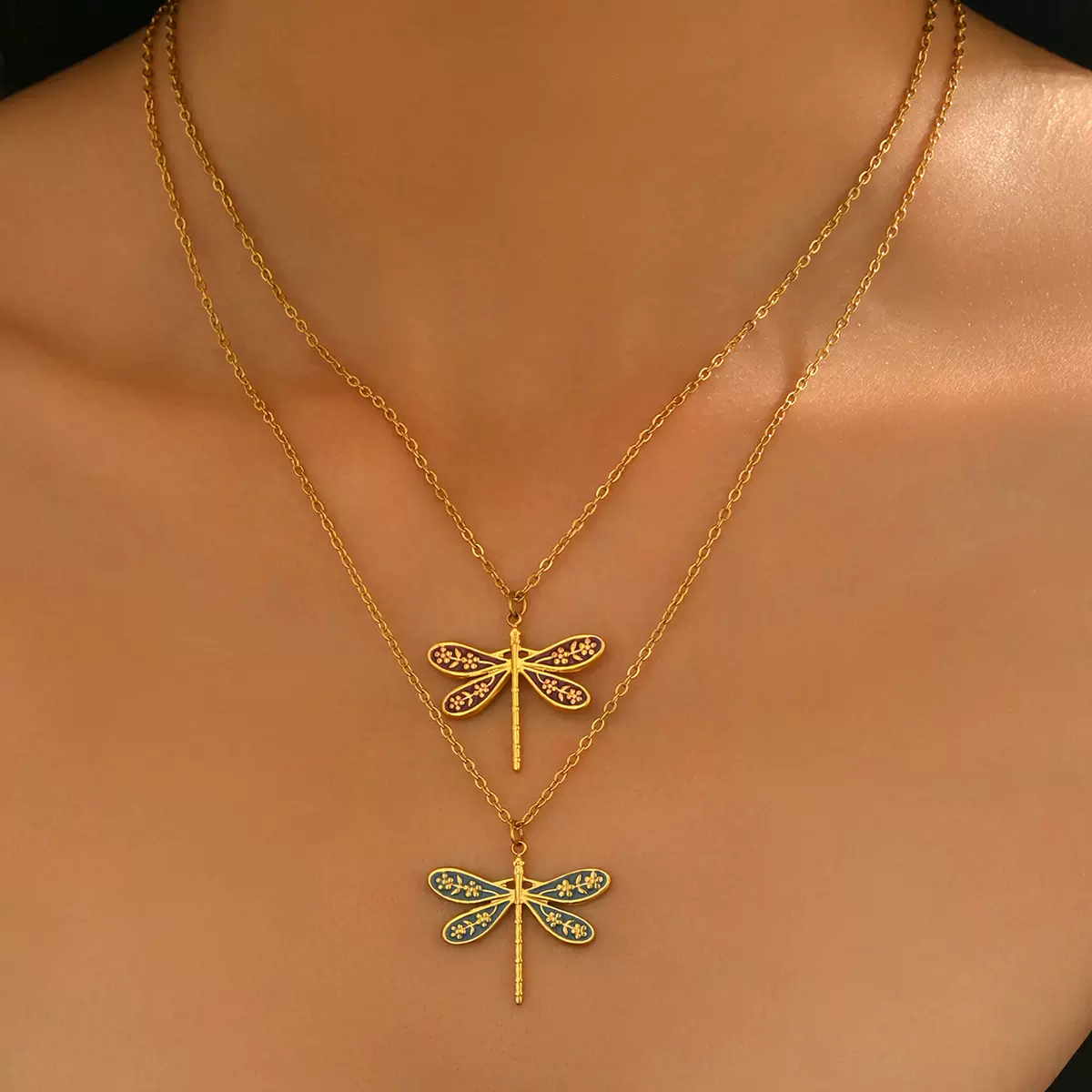 跨境欧美复古风女士项链个性蜻蜓金属吊坠设计长款锁骨链百搭项饰