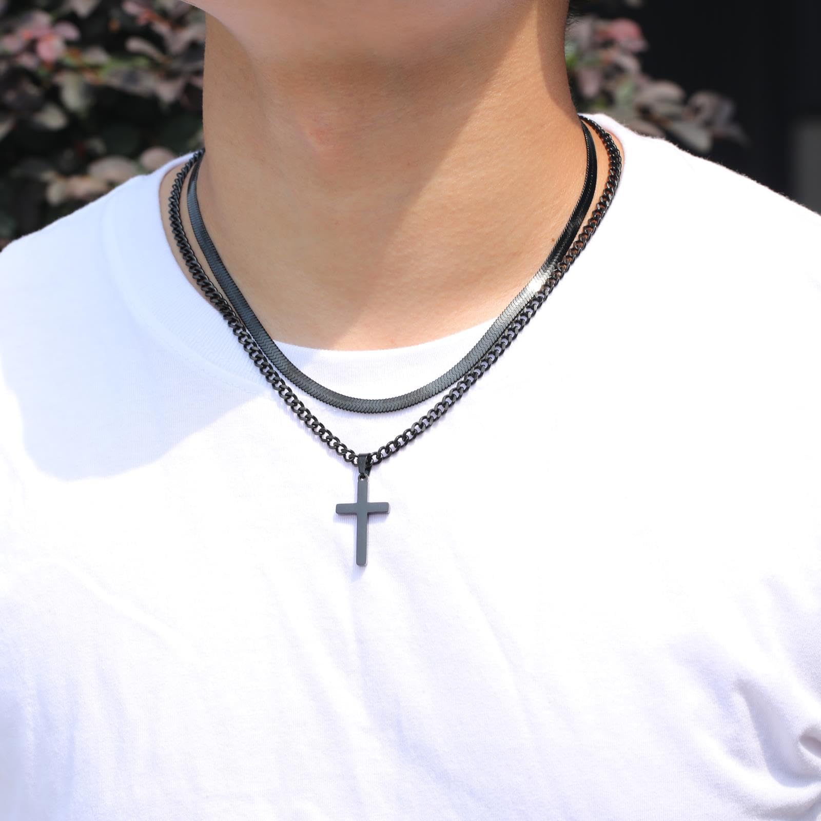 Cross Pendant Layered Necklace In Stainless Steel For Women_voghion.com