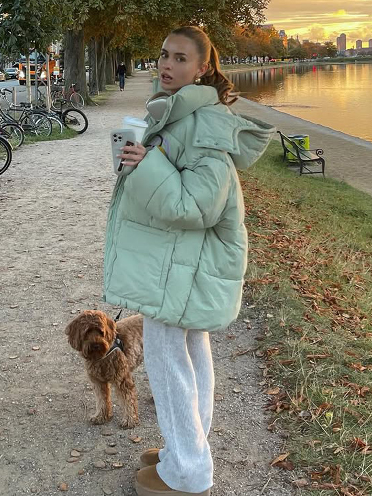 Temperamento de moda ocio de color sólido con sombrero de manga larga bolsillo abrigo de algodón 2025 otoño y invierno nuevo estilo europeo y americano transfronterizo