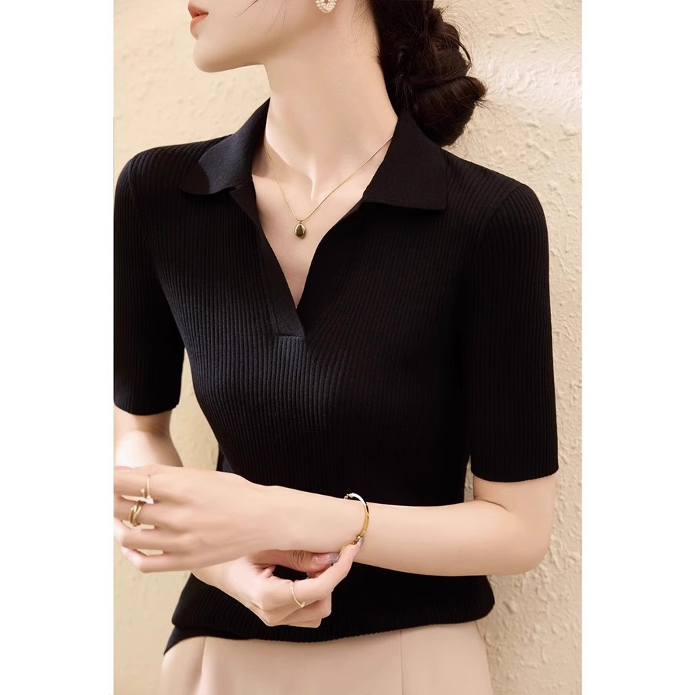 Áo thun dệt kim dáng ôm cổ chữ V nửa hở tay ngắn chất Lyocell Tencel mùa hè — Màu đen
