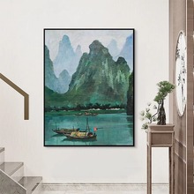禅意新中式桂林山水风景名画客厅沙发背景墙竖版玄关装饰画绿色画