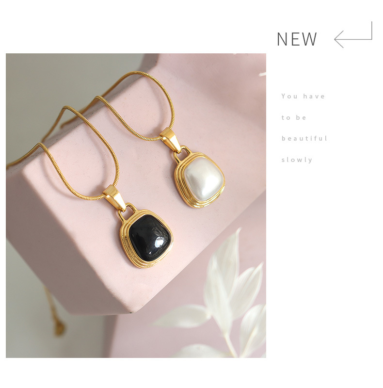 French Style Square Titanium Steel Copper Plating Inlay Artificial Pearls Pendant Necklace 1 Piece