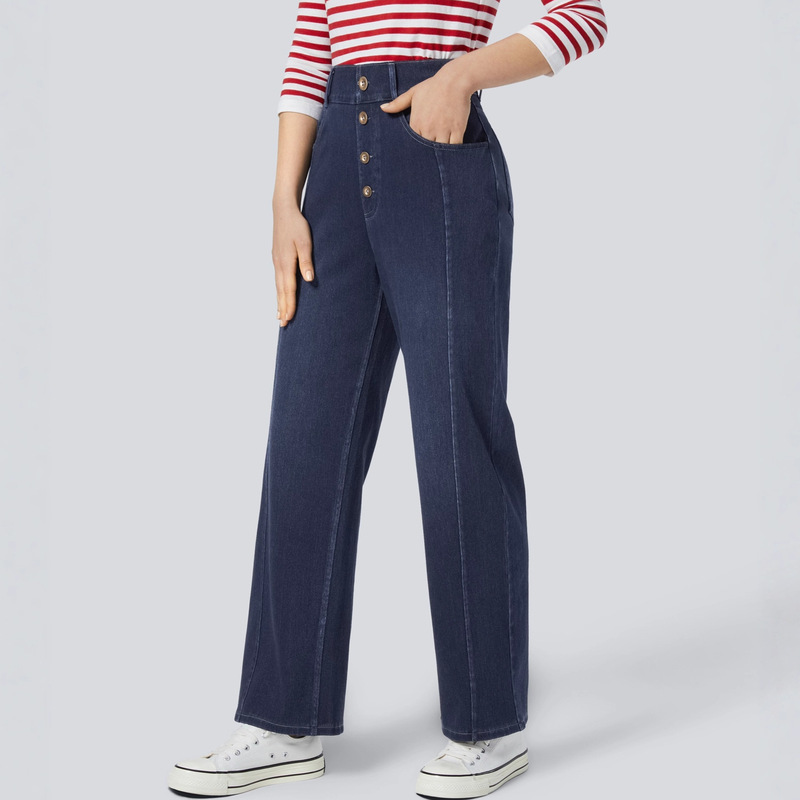 Cross-Border 2025 New High-Waisted Button-Down Jeans for Women with Decorative Pockets Straight-Leg Casual Boyfriend Jeans Long Pants for Women