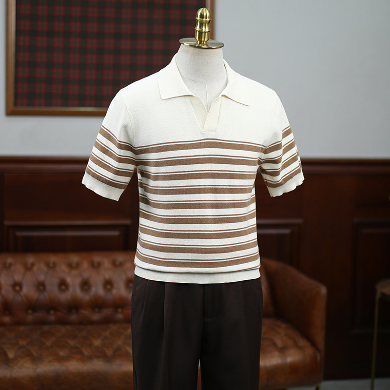 Polo camiseta de punto camiseta de manga corta hombre V-collar gaviota rayas viejas camiseta de hielo de viento de verano fábrica transfronteriza al por mayor