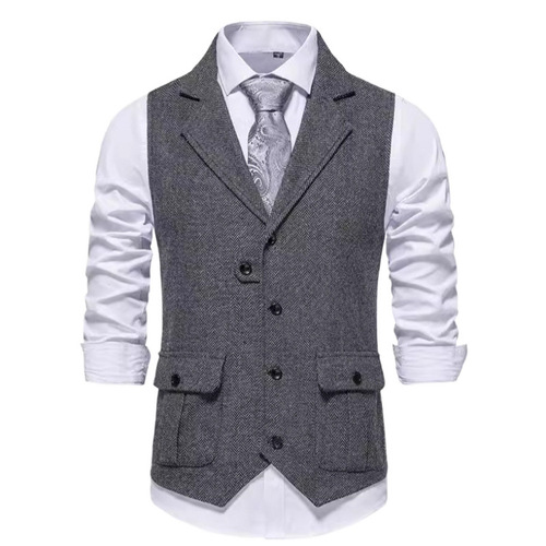 Spring and Autumn Men's Fashion Vintage Blazer Vest with Single Button Leisure Suit Jacket Herringbone Fabric