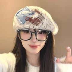 新款复古做旧贴布针织贝雷帽子女秋冬百搭显脸小文艺出片画家帽潮