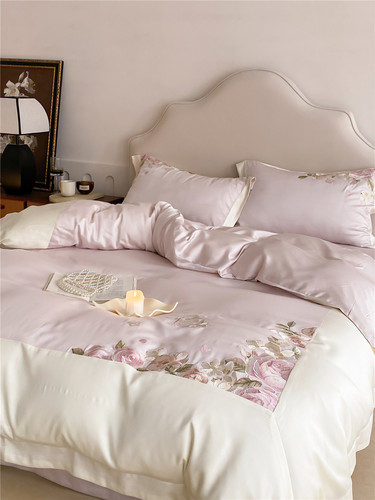 French style floral embroidery bedding high-end Lenzing Lyocell Tencel four-piece set home textiles Morandi Garden