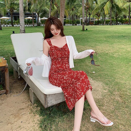 Breakfast French Red Floral Strappy Dress for Children Summer 2025 New Beach Vacation Sand Dress
