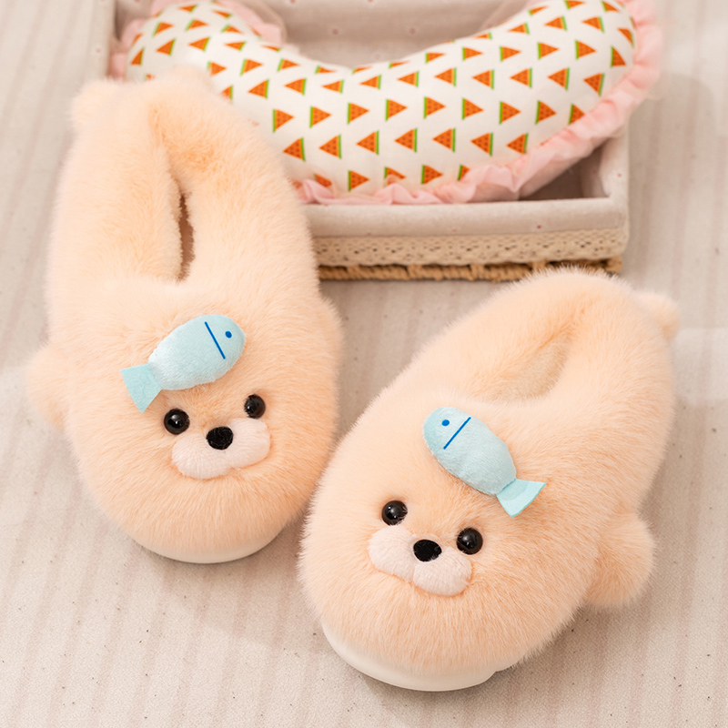 Cross-border lindas zapatillas de algodón de foca de invierno para mujeres bolsas de tacones para parejas zapatos cálidos de peluche para niños