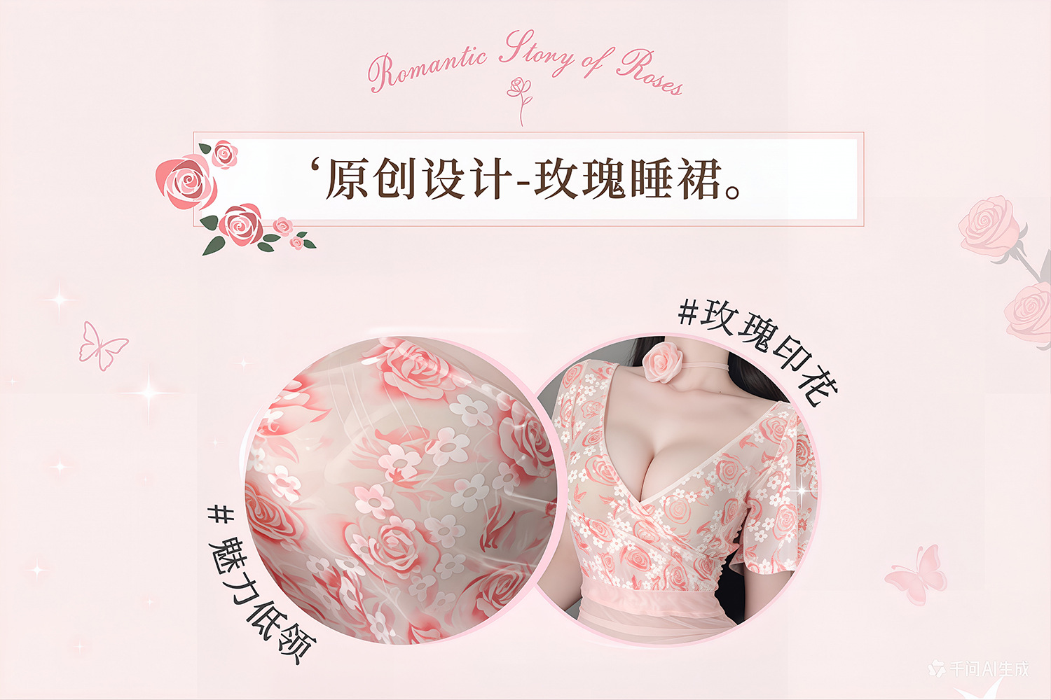 Xiu Cai Sha Deep V Backless Lingerie Set with Floral Nightgown and Cat Ear Headband — detail image 2