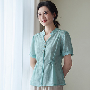 Qianbai Yilian Mother's Clothing Summer New Chinese Style Loose Shirt Middle-Aged and Elderly Women's Pleated Waist Design Top