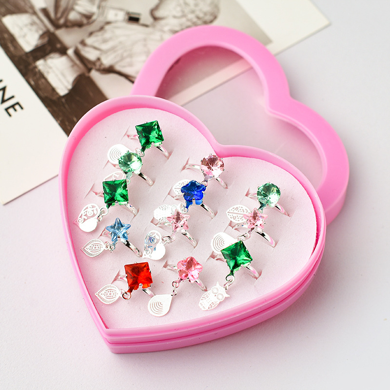 Anillo DE LOS NIÑOS caja de regalo caja de amor del estudiante traje rhinestone niñas anillo ajustable 36 princesa anillos