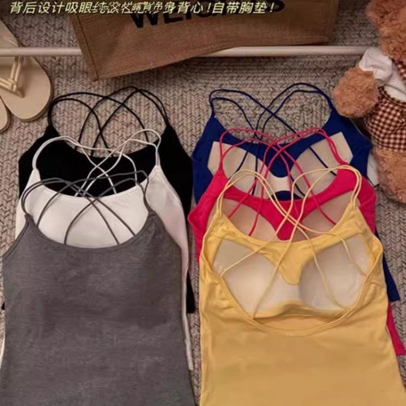 Cross-strap tank top with padded bra, sexy and slimming, backless design, women's 2025 new style, hollowed-out backless design.