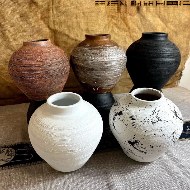 Chinese Vase, Retro Handmade Ornaments, Large Diameter Flower Arrangement, Dried Flowers, Stoneware Pot, Hydroponic Flower Device, Wabi-Sabi Style Vase