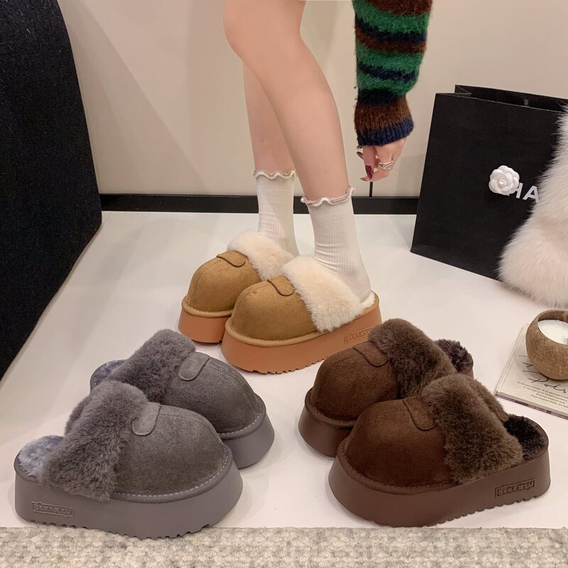 Thick-Soled 2025 Furry Leather Toe-Toe Slippers Fleece-Lined Snow Boots New Winter Korean Style Half Slippers