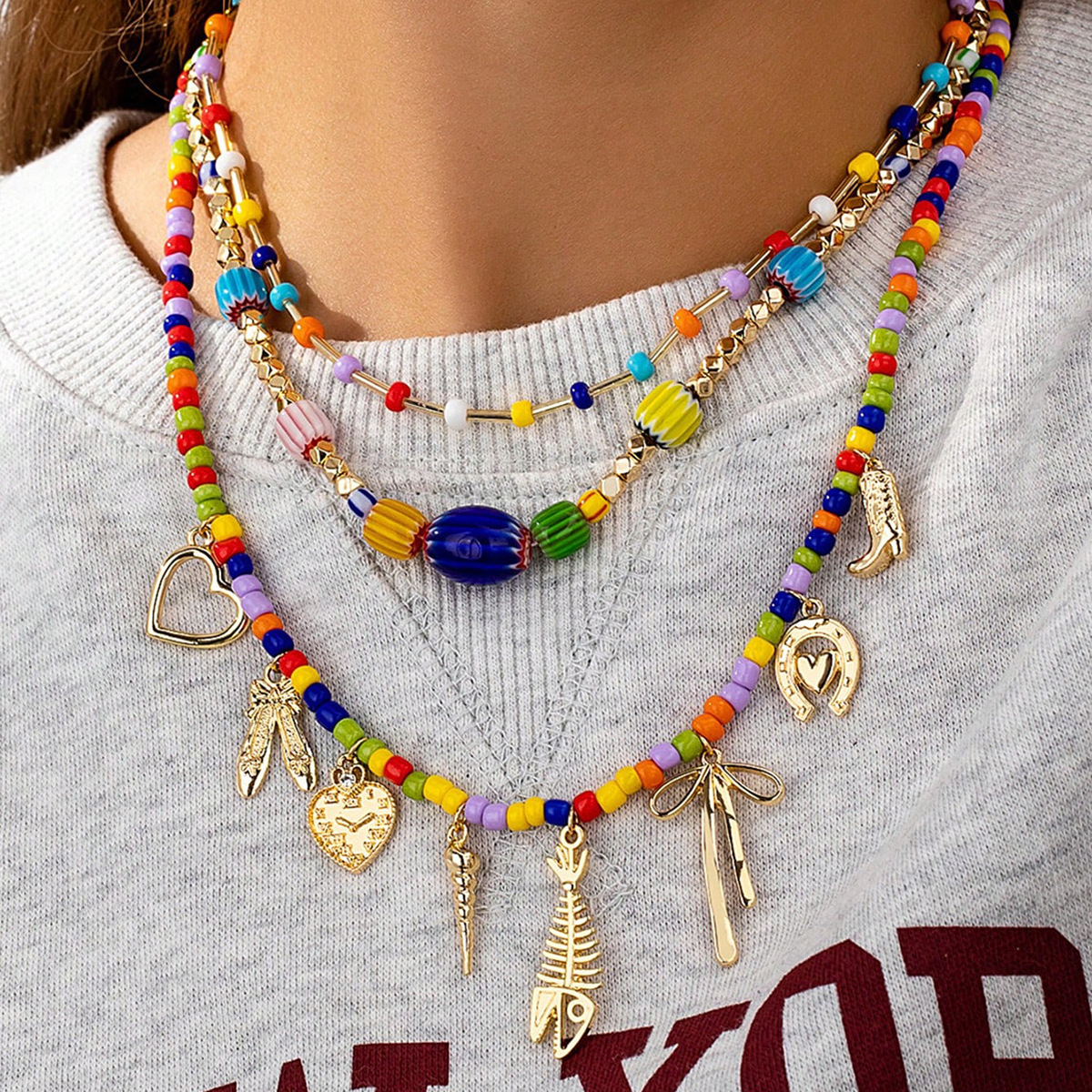 50g Weight Lobster Trigger Clasp Closure Clasp Closure Type Zinc Alloy Pendant Material Multi Charms Necklace Classification Zinc Alloy Chain Material IG Style Classic Style Geometric Heart Shape Fish Zinc Alloy Beaded Chain Lobster Trigger Clasp Closure Beaded Necklaces Wholesale