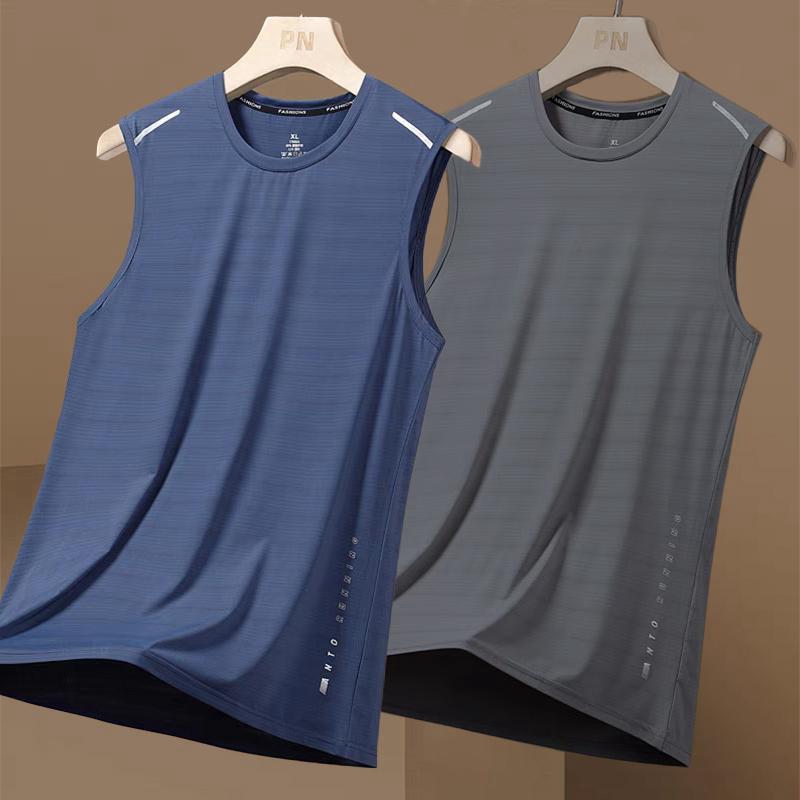 [Fast Shipping] Summer Ice Silk Vest for Men, Trendy Crew Neck, Mesh, Breathable, Quick-Drying, Sports Vest, Wide Shoulder, Outerwear