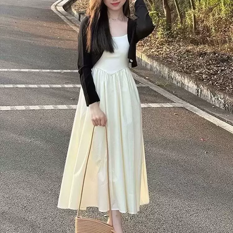 清货白色夏季新款法式吊带连衣裙女过膝显瘦气质中长裙子小个子潮