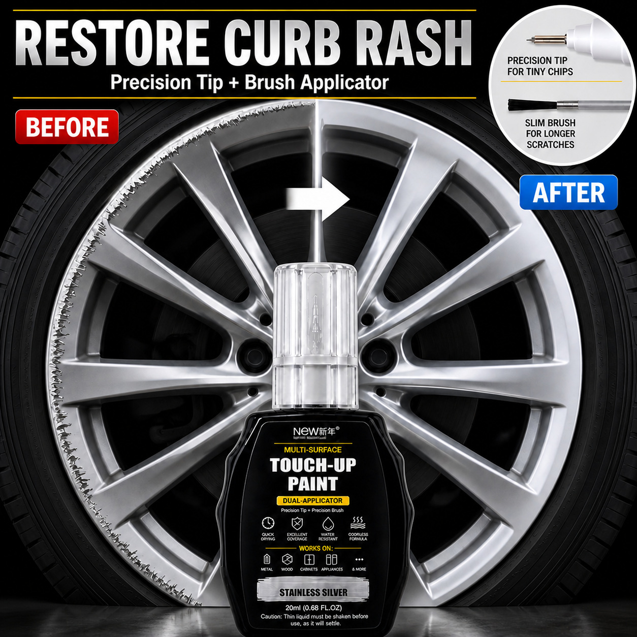 Car wheel hub scratch repair paint, touch-up pen with dual-tip applicator, repair paint for chipped aluminum alloy wheel hub