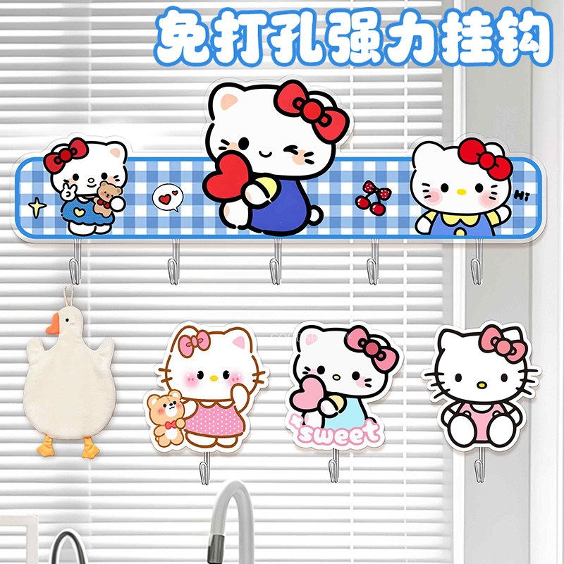 Acrylic hook, no drilling required, cute KT cat design, no-trace adhesive hook for bathroom walls, multi-row hanging hook with strong load-bearing capacity