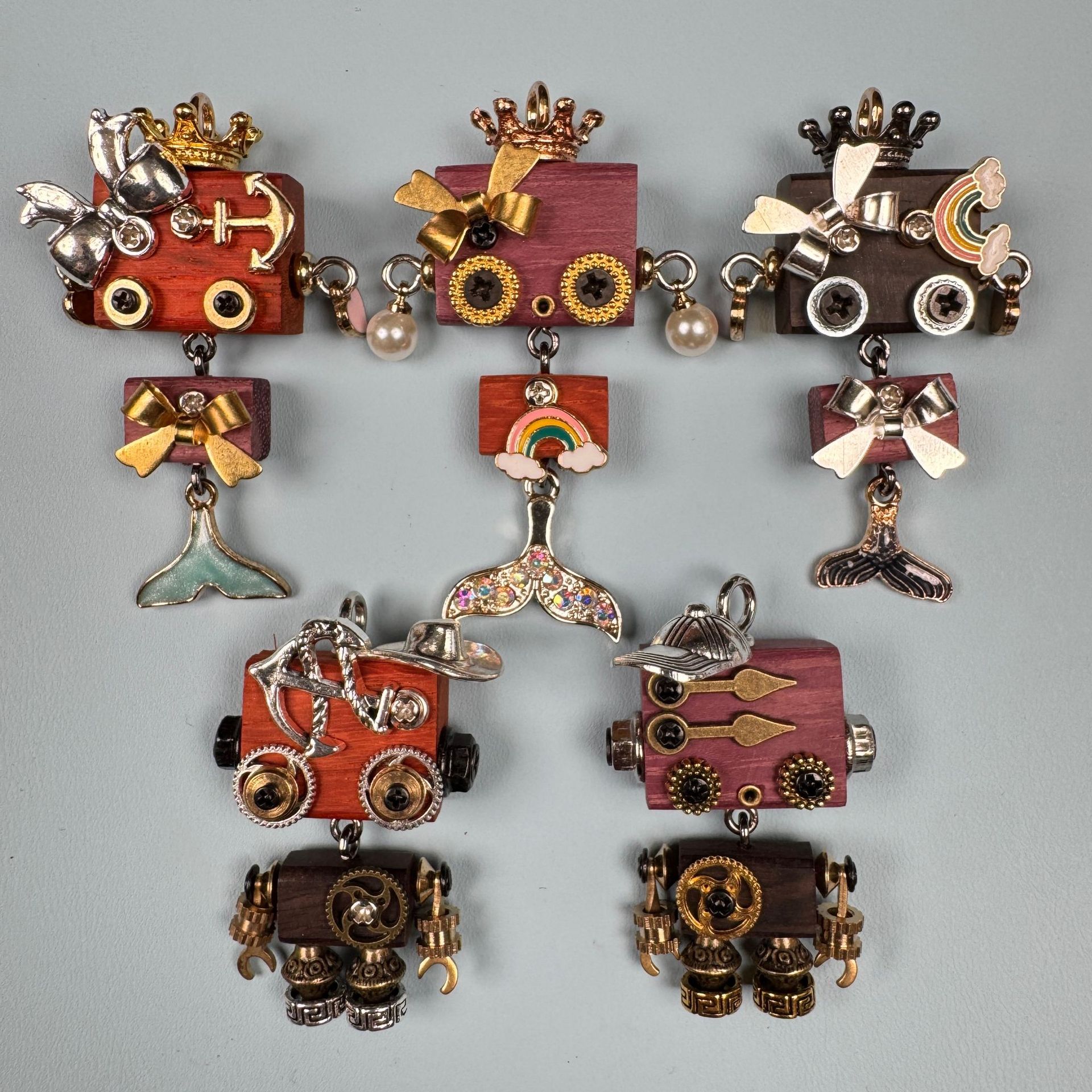 Handmade Punk Robot Necklace Pendant Element Pendant Wooden Keychain Unisex Phone Chain Pendant Accessory