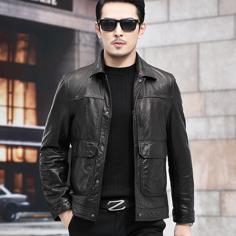 Spring and Autumn New Genuine Leather Jacket Men's Top Layer Cowhide Jacket Business Men's Fashion All-match Jacket Motorcycle Leather Fashion