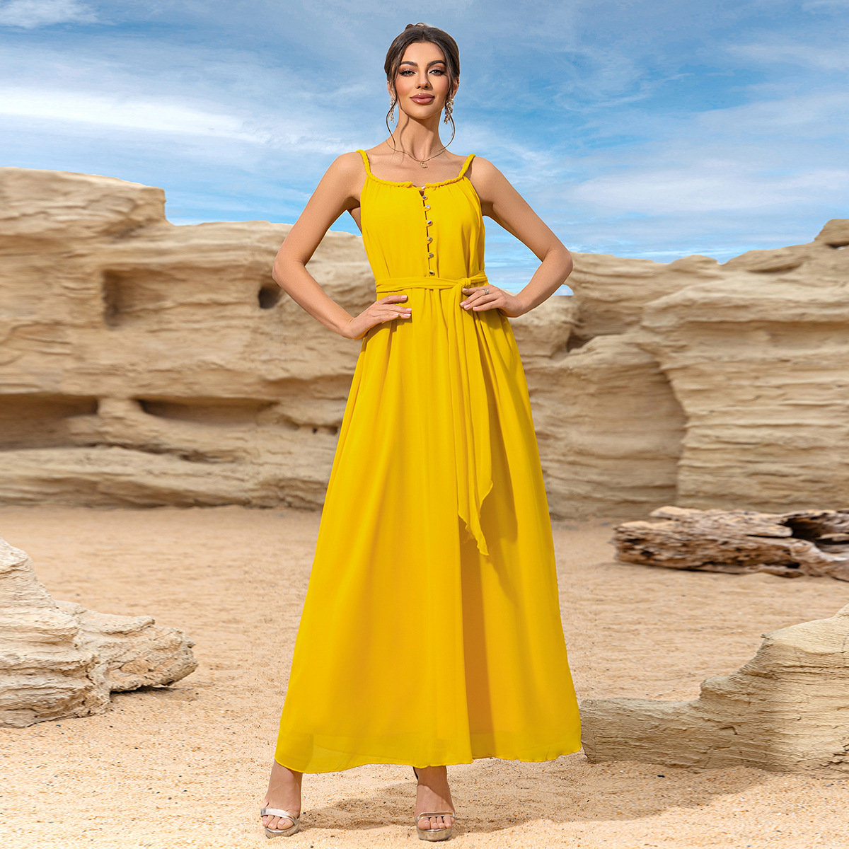 Verano nuevo estilo Bali playa vacaciones amarillo playa falda mujer retro delgado vestido coreano super hada falda larga