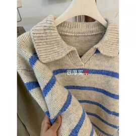 韩国设计感秋冬款松弛感拼色翻领条纹宽松厚实毛衣女图片色其他