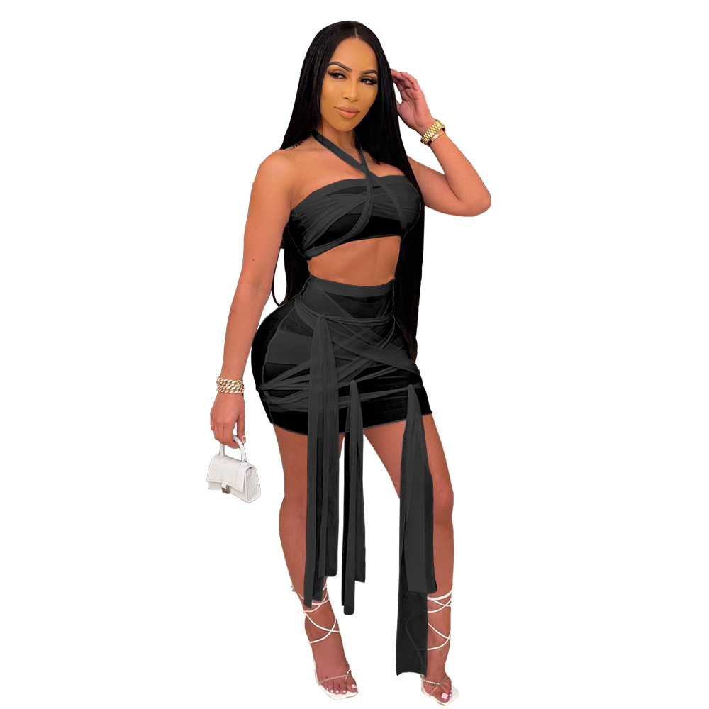 See-Through Mesh Bandage Tube Top Skirt 2 Piece Suit NSTRS94569