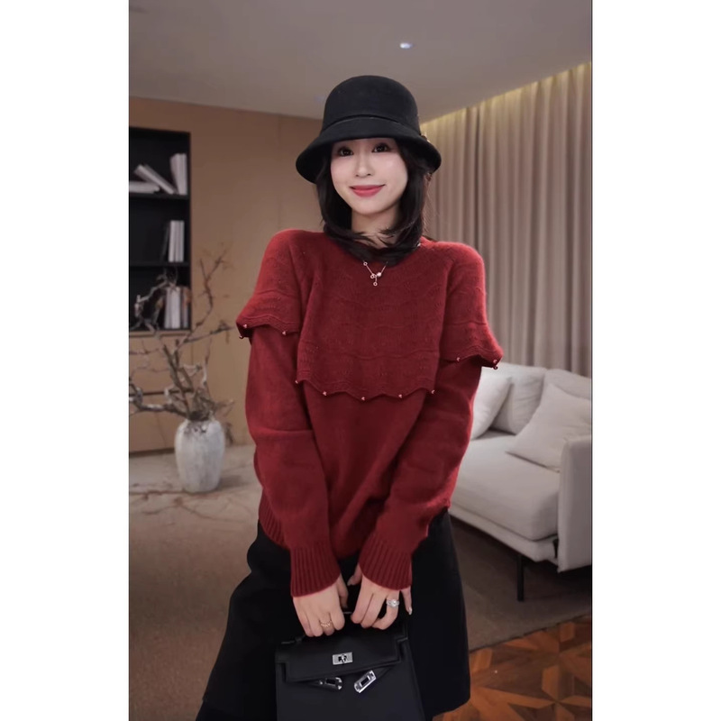 【Flaming Light】Wool and Rabbit Fur Knit Sweater, Fashionable and Versatile Base Sweater for Women, Winter Long-Sleeve