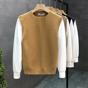 2023 new autumn and winter popular fake two-piece sweater men's fashion brand knitted vest set stitching bottoming shirt