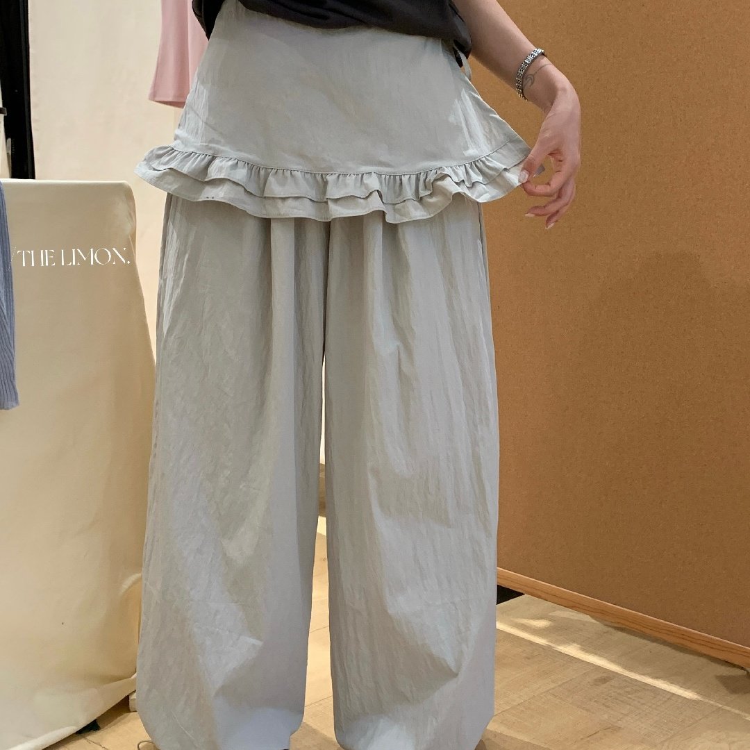 Quần culottes nữ ống rộng cạp cao, phối viền ren xếp tầng, dáng suông rộng, thanh lịch và thoải mái — màu đen, Xanh da trờicolor, màu trắng, Đá vôi