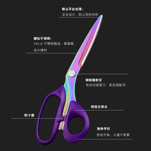 Stainless steel home sewing shears, fabric cutting sewing scissors, cloth and clothing shears, PU leather shears, colorful titanium process shears, cross-border