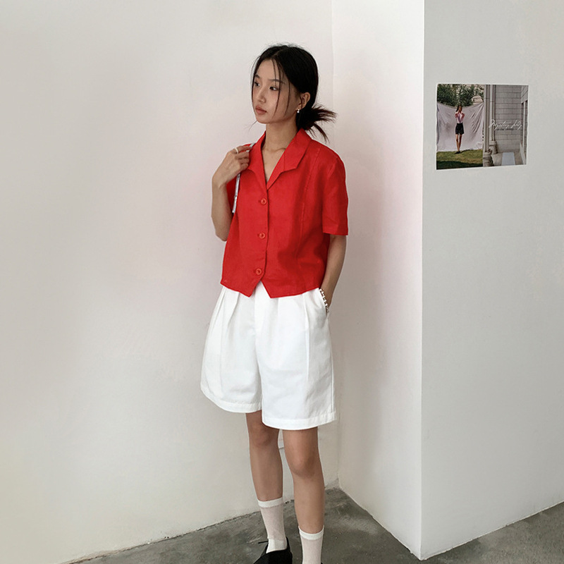 Love and Nancy Guangzhou Thirteen Lines Summer Original New Suit Collar Ramie Short Fresh Shirt 22560