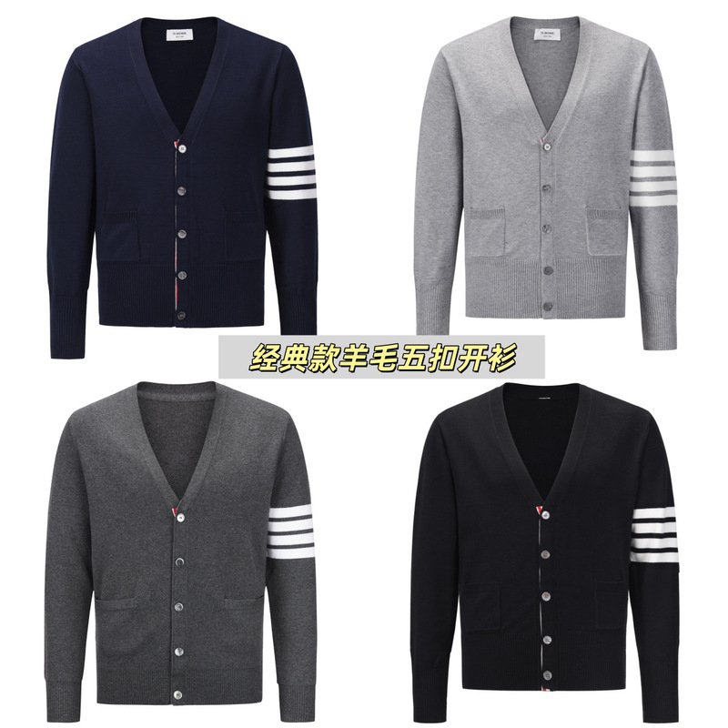 Tb Wool Cardigan High Version Classic Evergreen Cardigan Stripesd Four-Bar Men's and Women's Versatile V-Neck Jacket